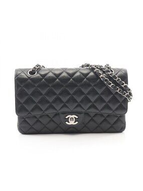 Chanel Shoulder Bag Quilted Double Flap Black Caviar Leather Chain